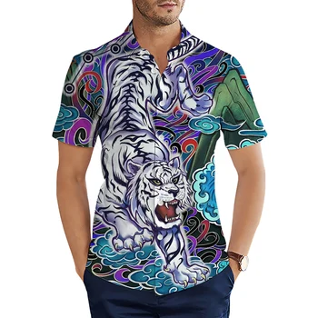 HX Ukiyo-e Krekli Modes Zodiaka Tiger Mākoņi 3D Iespiesti Ikdienas Krekls Vīriešiem ar Īsām Piedurknēm Topi Havaju Krekls Camisas
