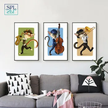 SPLSPL Kaķis, Spēlējot Mūzikas Instrumentu Cute Karikatūra Dekoru Attēlu Audekls Drukāt Sienas Mākslas Gleznu un Plakātu Bez Rāmja