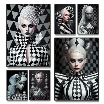 Fantāzija, Sieviete Mākslas Portrets Plakātu Izdrukas Par Mājas Dekoru Gothic Black White Ģeometrija Šaha Karaliene Audekla Apgleznošana Sienu Mākslas Dāvana