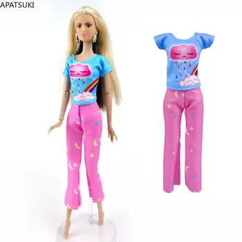 Rozā, Zilā Modes Apģērbu Komplekts Barbie Lelle Tērpiem 1/6 Lelles Piederumi T-krekls Top Bikses Bikses Rotaļlietas Bērniem