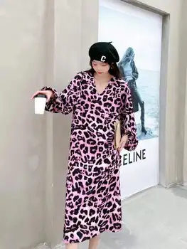 Jaunā Pavasara Rudens Sievietes Sexy V-Neck Garām Piedurknēm Zaudēt Garo Kleitu Modes Leopards Drukāt Sadalīt Hem Puse Kleita