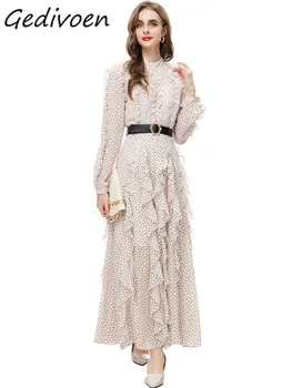 Gedivoen Rudens Modes Dizaineru, Vintage Floral Print Kleita Sieviešu Stand Apkakli Ruffles Vērtnes Pulcējās Vidukļa Slim Garās Kleitas