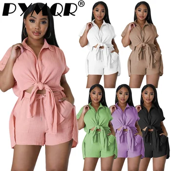 PYMQR 2 Gabals, kas Sievietēm Savukārt Apkakle ar Īsām Piedurknēm Krekls Bodycon Bikses, 100% Kokvilnas Komplekti 2023 Vasaras Streetwear Tērpiem