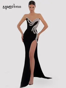 Elegants Sieviešu Dizaina Rhinestone Maxi Strapless Kleita bez Piedurknēm Bodycon Off Atpakaļ Sadalīt Gara Kleita Vakara Kokteilis Puse Kleitas