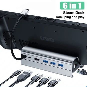 Tvaika Klāja Doks 6 in 1 Tvaika Klāja Statīvu Piederumi USB 3.0, HDMI 4K@60Hz 1000Mbps Gigabit Ethernet USB-C PD 100W Tvaika Klāja Centrmezglu