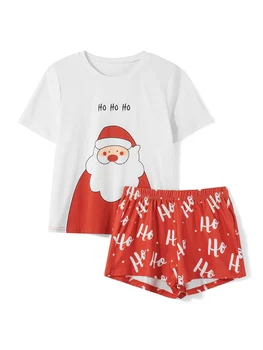 Sievietēm Ziemassvētku Pidžamu Atpūtas Komplekts Santa Drukāt Apkalpes Kakla Īsām Piedurknēm Topi Vēstuli Izdrukāt, Bikses, 2 Gab Loungewear Tērpiem