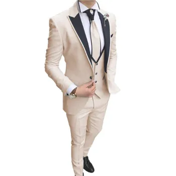 Jauna Bēša 3 Gabals Vīriešu Uzvalku Balli Slim Fit Uzvalku Iecirtums Atloks Līgavainis Kāzu Uzvalki Vīriešiem Pasūtījuma Žakete Terno Modes Personu Valkāt