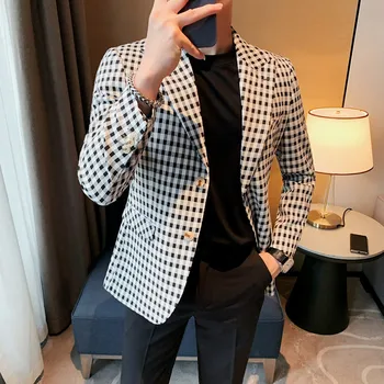 Augstas Kvalitātes Skaists Uzvalks Jaka Vīriešu Boutique Pleds Banketa Mazo Uzvalku ar garām Piedurknēm Top Modes Gadījuma Vienotā Krūtīm
