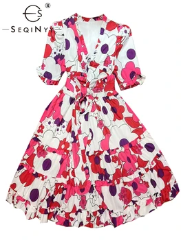 SEQINYY Gadījuma Mini Kleita Pavasara Vasaras Jaunā Modes Dizaina Sievietes Skrejceļa Īsām Piedurknēm Vintage Rozā Ziedu Print-Line Ruffles