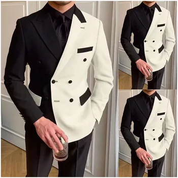 Elegants Melns Balts Līmēšana Vīriešu Uzvalku Classic Dubultā Krūtīm Gadījuma Vakariņas Puse Žakete Vakara Balli Uzvalki Vīriešiem Pasūtījuma