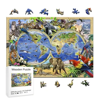 Izsmalcinātu Koka Dzīvnieku Puzzle Zemes Formas Suns Tiger Putns, Tai Chi, Montessori Pieaugušo Rotaļlietas Bērnu Skaistas Koka DIY Zīmējumu