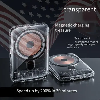 Magsafe pārredzamu magnētisko absorbcijas bezvadu lādēšanas bankas 22.5 W ātrās uzlādes bankas 10000mA mobilo strāvas padeve