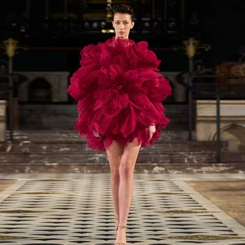 2024 Haute Couture Liela Ziedu Mini Kleita Roku darbs Kroku 3D Ziedu Formālā Puse Kleitas Bordo bez Piedurknēm, Īsu Balles Kleitas