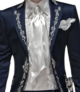 Itālijas Stilīgs, Tumši Zilu Izšuvumu Vīriešu Kāzu Uzvalks Līgavainim Slim Fit Džentlmenis Balli Kostīms Puse Homme Vakariņas Smokings 2Piece Komplekts