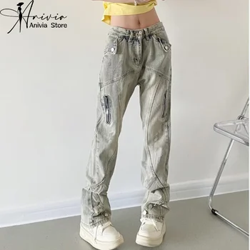 Harajuku Streetwear Retro Modes Sievietes Augsta Vidukļa Džinsus Dizaina Rāvējslēdzēji Plaša Kāju Taisni Zaudēt Džinsa Bikses Y2K Baggy Bikses