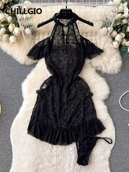 CHILLGIO Sieviešu Ziedu Lacce Nightgowns Modes Sleepwear Erotiska Retro Pavada Pārredzamu Cheongsam Sadalīt Savirmot Kleita+Apakšbikses