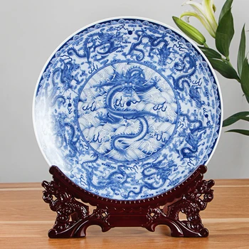 Ķīniešu Stilā Pūķis Mājas Biroja Apdares 10 collu Keramikas Apaļu Plāksni, Koka Bāzes Dzimšanas dienas Dāvanu