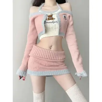 Trīs gabals, kas/korejiešu tīru vēlmi stilu īss džemperis jaka+Pikanta Meitene Lācis zeķu+Hip wrap svārki sieviešu jaka