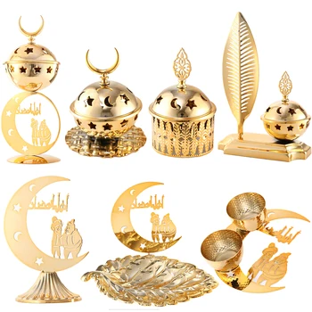 Metāla Zelta EID Mubarak Aromterapijas Plīts Amatniecības Mēness Forma Pārtikas Paplātes Ramadāna Dekoru Islāma Musulmaņu Svētku Rotājumi Mājās