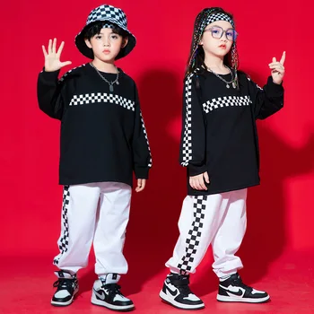 Mazulis Kpop Hip Hop Apģērbu, Rūtainā sporta Krekls Top Gadījuma Streetwear Jogger Sviedri Bikses Meitene, Zēns, Džeza Deju Tērpu Apģērbs