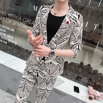 Jauns (Žakete+ Bikses) Vīriešu Modes Gadījuma Džentlmenis korejiešu Versija Tendence Slim-fit Britu Stils Drukas Kāzu Piedurknēm 2 Gabals, kas