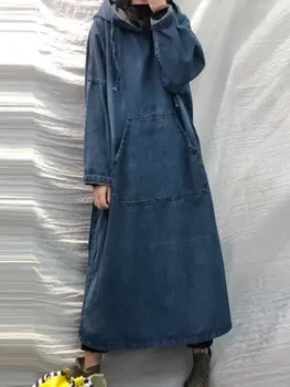 Kleitas, Sievietēm 2023 Jauna Rudens Ziemas ZAUDĒT Vairāk nekā Izmēru Viens Gabals Kleita American Vintage Kapuci Garās Kleitas Ikdienas Džinsa Drēbes