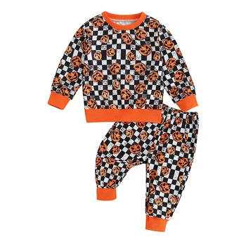 Toddler Zēns Halloween Drēbes Ķirbju&Šaha Drukāt garām Piedurknēm Džemperis Elastīga Vidukļa Bikses 2gab Apģērbs
