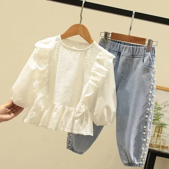 2023-Pavasarī Un Rudenī Meiteņu Kostīmi Bērniem Meiteņu Apģērbu Modes Dobi Mežģīnes Top + Pearl Džinsi Divdaļīga Meiteņu Apģērba Komplekts