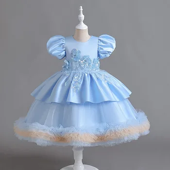 Jaunu Meiteņu Gress 3-12T Bērniem Bubble Sleeve Elsojošs Kleita Sequin Bumbu Kleita Kāzu Kleitu Meitenēm Dzimšanas dienas Princese Kleita