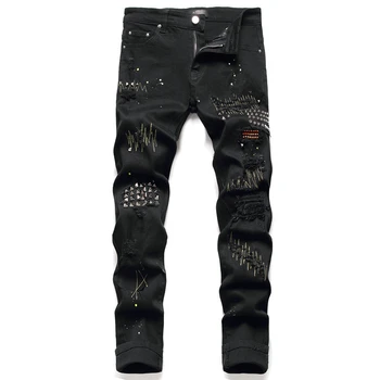 Melni Džinsi Vīriešu Diamond Izšuvumi Ripped Džinsi pieguļoša Džinsa Bikses Hip Hop Homme Dizainers Pantalones Y2k Garās Bikses