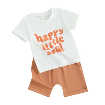 Toddler Baby Boy Girl Vasaras Apģērbs Laimīgs dvēselīte Īsām Piedurknēm T Krekls Topi Salocīta, Hem Bikses 2gab Apģērbu Komplekts