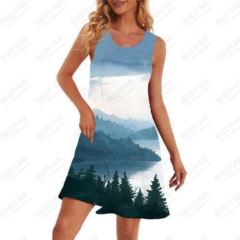 Vasaras jaunā dāma bez piedurknēm kleita senlejas ainavu 3D iespiesti ladyless piedurknēm kleita gadījuma ladyless kleita bez piedurknēm