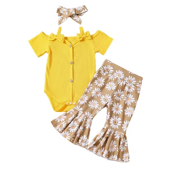 Baby Girl Vasaras Apģērbs tīrtoņa Krāsu Salātu Adīt Pie Pleca Kombinezonus Ziedu Drukāt Izlīdzināšanu Bikses Galvu 3Pcs Apģērbu Komplekts
