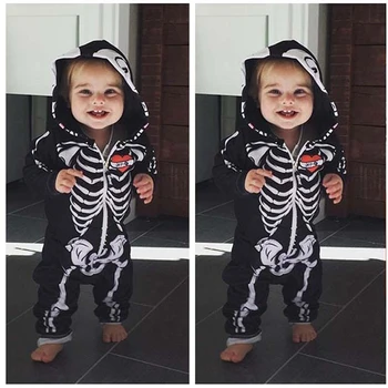 0-24 Mēneši Halloween Baby Romper Zīdaiņu Meitenes Skelets Iespiesti Kapuci Jumpsuit Halloween Puse Cosplay Kostīmu Puiku Drēbes