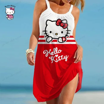 Pavasarī, Vasarā Sundress Sieviešu kleita Hello Kitty Seksīga Meitene Fahion Stila Piedurknēm O-veida Kakla Sieviešu Kleitas