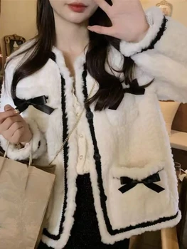 Frence Vintage Elegants Vilnas Mētelis Sievietēm Loku Salds Kawaii Streetwear Jaka Sieviešu Korejas Modes Zaudēt Gadījuma Mētelis Ziemas 2024