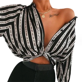 Sexy svītraina blūze kailām pleciem modes brīvs krekls
