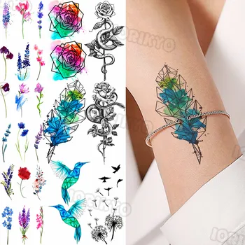 Akvarelis Lapu Neliela Pagaidu Tetovējumiem Sievietēm, Meitenēm, Lavandas Lotus Čūska Pieneņu Viltus Tetovējumu Uzlīmes Apakšdelma Tatoos Kakla
