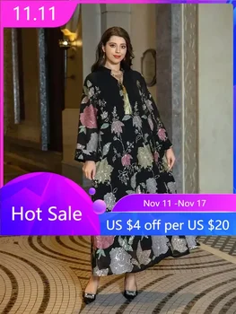 Musulmaņu Tuvo Austrumu Sequin Izšūtu Apmetni Sieviešu Modes Pušķis Kleita Dubaija 2024 Jaunu Stilu Arābu Vakara Kleitas Abaya